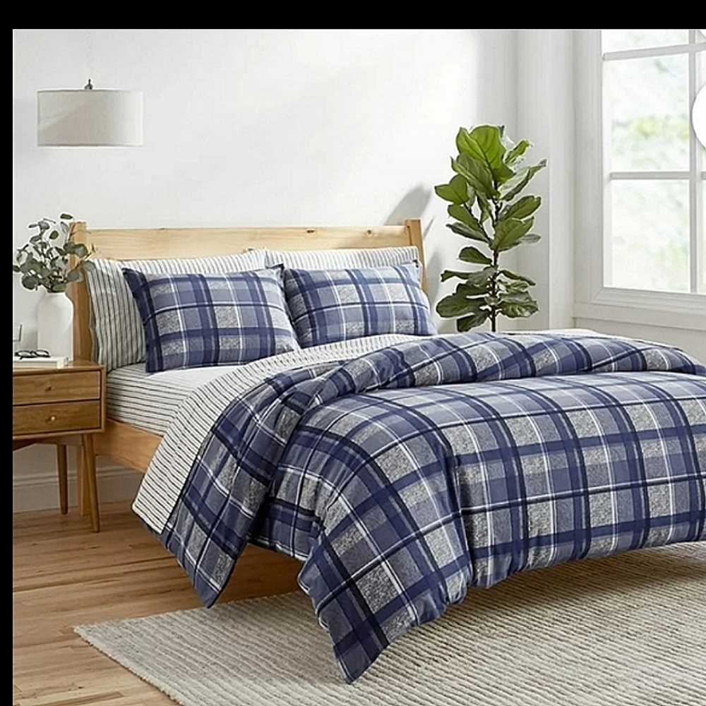 Gap Home Heathered Plaid Flannel Cotton Duvet cover set reversible , SZ …
